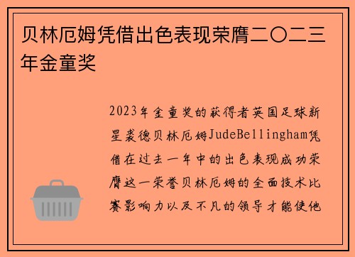 贝林厄姆凭借出色表现荣膺二〇二三年金童奖